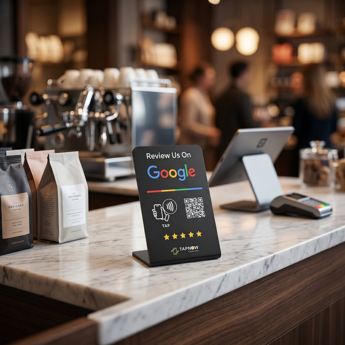 TapNow NFC tap stand for collecting Google reviews at a Cafe